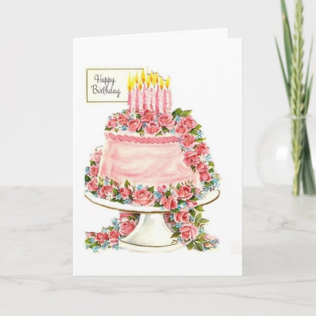 Vintage - Happy Birthday Cake, Card (Front)