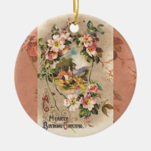 Vintage Happy Birthday Card Artwork Ceramic Ornament