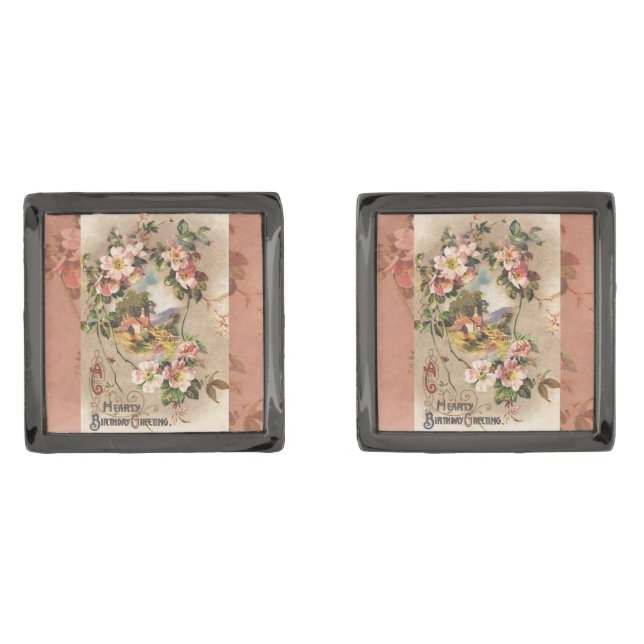 Vintage Happy Birthday Card Artwork Cufflinks (Front)