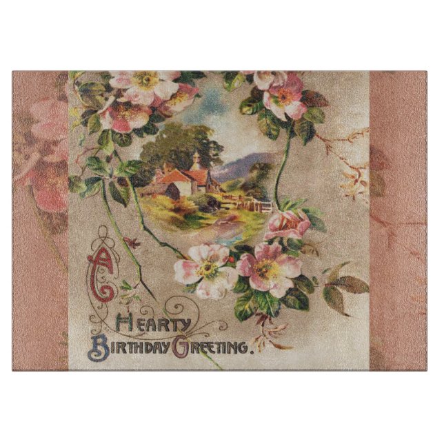 Vintage Happy Birthday Card Artwork Cutting Board (Front)
