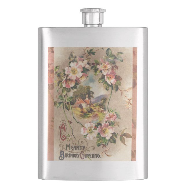 Vintage Happy Birthday Card Artwork Hip Flask (Front)