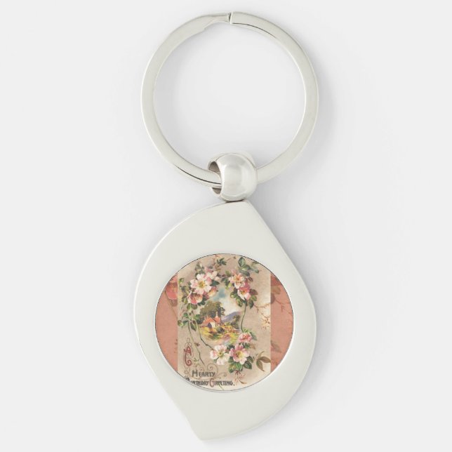Vintage Happy Birthday Card Artwork Keychain (Front)