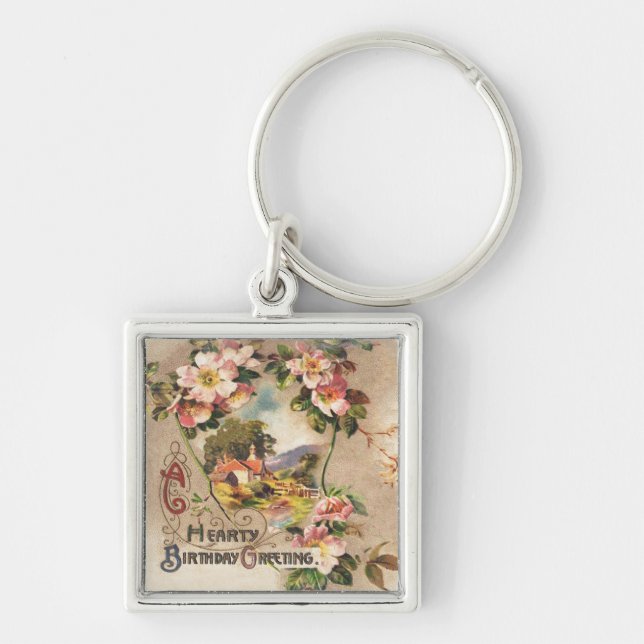Vintage Happy Birthday Card Artwork Keychain (Front)