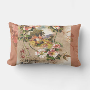 Vintage Happy Birthday Card Artwork Lumbar Pillow