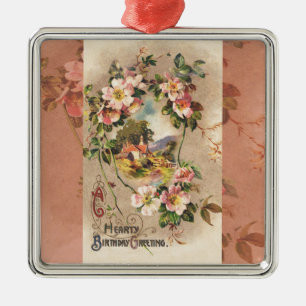 Vintage Happy Birthday Card Artwork Metal Ornament