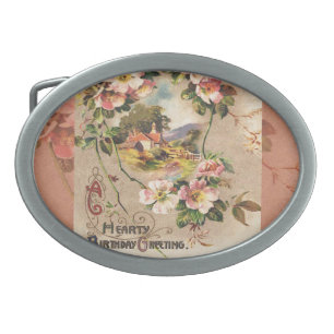Vintage Happy Birthday Card Artwork Oval Belt Buckle