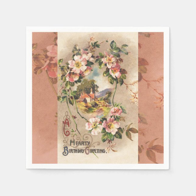 Vintage Happy Birthday Card Artwork Paper Napkins (Front)