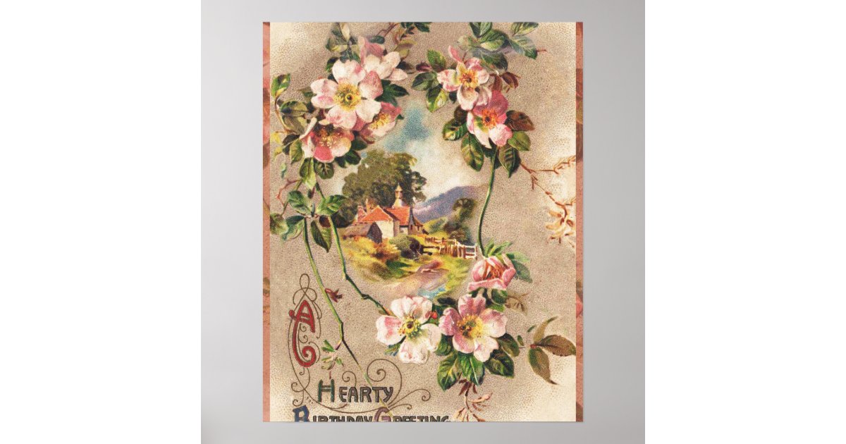 Vintage Happy Birthday Card Artwork Poster | Zazzle
