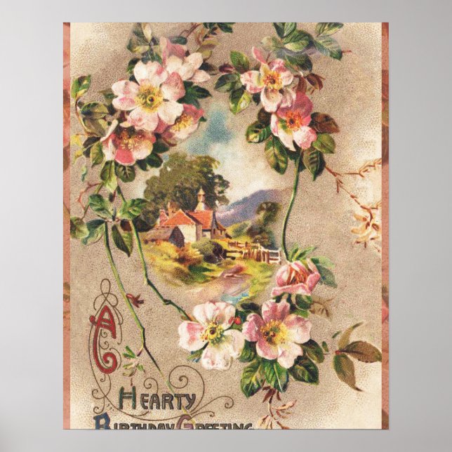 Vintage Happy Birthday Card Artwork Poster (Front)