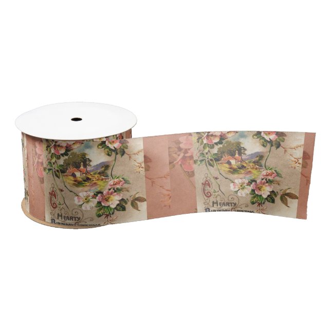Vintage Happy Birthday Card Artwork Satin Ribbon (Spool)