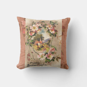 Vintage Happy Birthday Card Artwork Throw Pillow