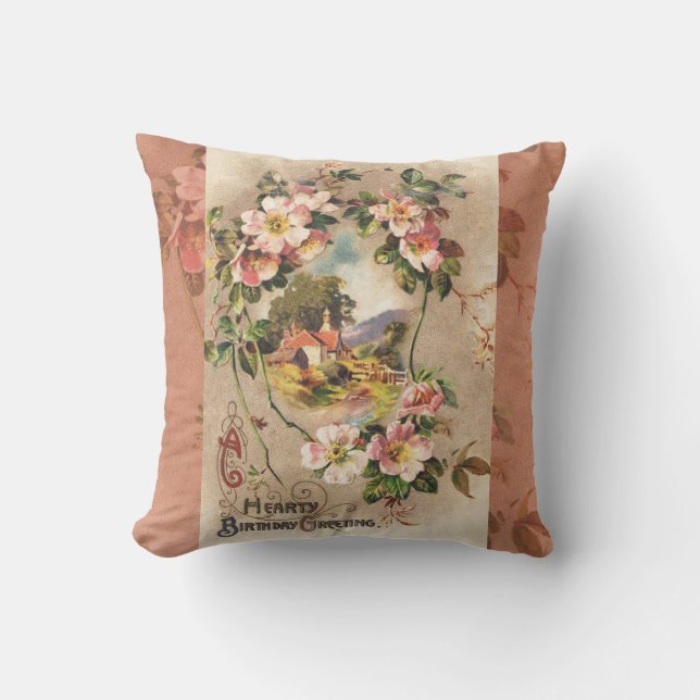 Vintage Happy Birthday Card Artwork Throw Pillow (Front)
