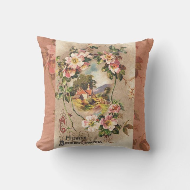 Vintage Happy Birthday Card Artwork Throw Pillow (Front)