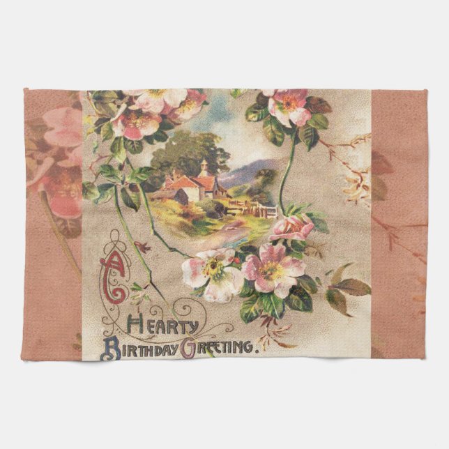 Vintage Happy Birthday Card Artwork Towel (Horizontal)
