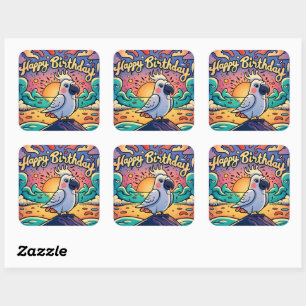 Vintage Happy Birthday Colorful Parrot Bird Square Sticker