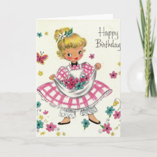 Vintage Happy Birthday Girl In Dress Card