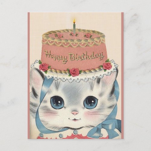Vintage Happy Birthday Kitten With Cake Holiday Postcard