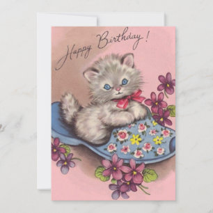 Vintage Happy birthday Kitty Cat In A Slipper Holiday Card
