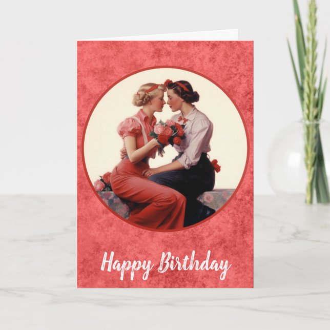 Vintage Happy Birthday Lesbian Couple Card (Front)