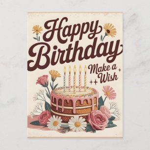 Vintage "Happy Birthday - Make a Wish" Floral Cake Postcard