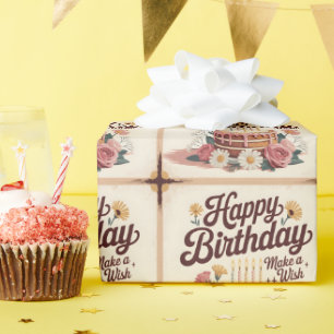Vintage "Happy Birthday - Make a Wish" Floral Cake Wrapping Paper