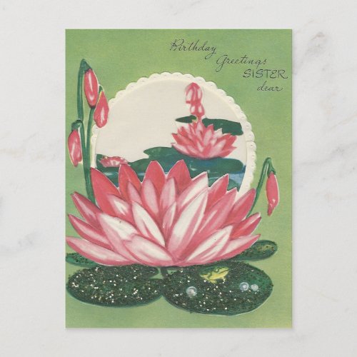 Vintage Happy Birthday Sister With Lily Pad Postcard