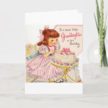 Vintage - Happy Birthday to Sweet Granddaughter, Card<br><div class="desc">A vintage birthday card image for a Granddaughter features a little girl in her pretty pink and white striped party dress. She excitedly sits in front of a small table holding a decorated birthday cake with pink candles and roses. The front of the card says, "To a Sweet Little Granddaughter...</div>