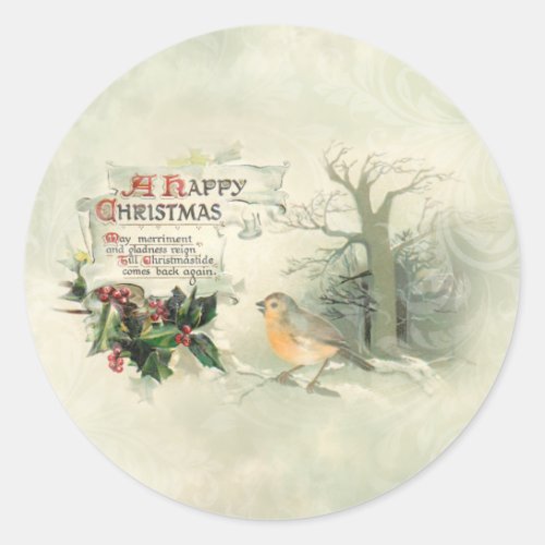 Vintage Happy Christmas Scroll Holly  Cardinal Classic Round Sticker