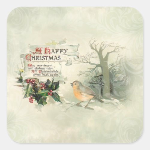 Vintage Happy Christmas Scroll Holly  Cardinal Square Sticker