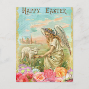 Vintage Happy Easter Angel lamb Postcard