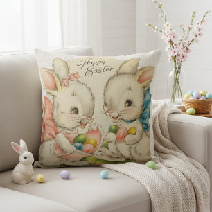 Vintage Happy Easter Bunnies With Easter Eggs Throw Pillow