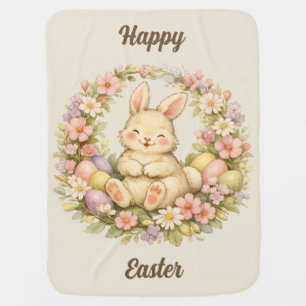 Vintage Happy Easter Bunny Floral Wreath Baby Blanket
