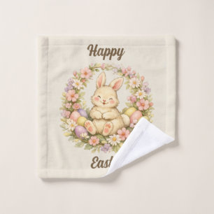Vintage Happy Easter Bunny Floral Wreath Bath Towel Set