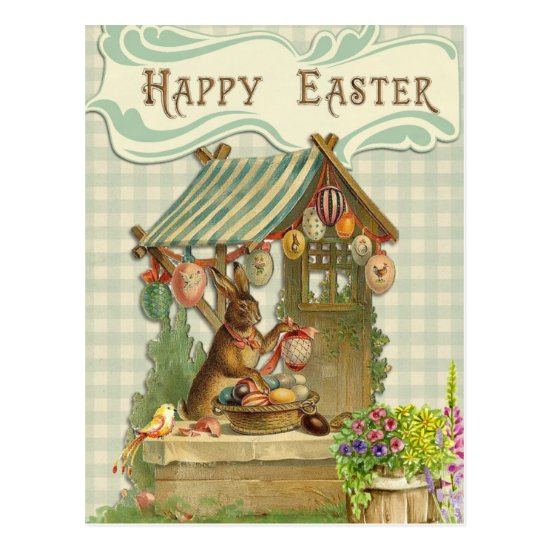Vintage Happy Easter Bunny House Spring Postcard