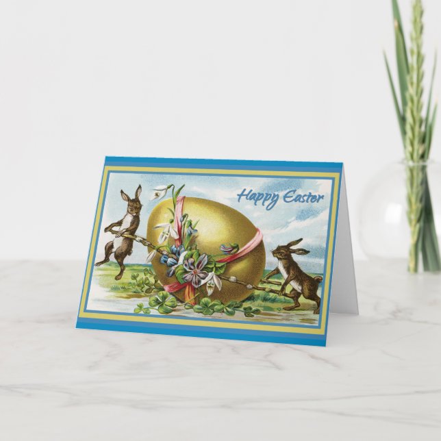 Vintage Happy Easter Bunny Rabbits Easter Eggs Card (Front)