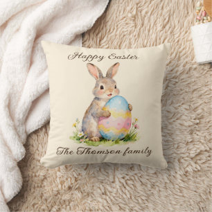 Vintage Happy Easter Bunny with Egg Family Throw Pillow