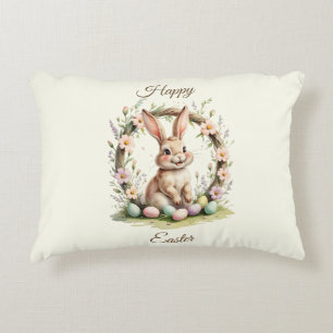 Vintage Happy Easter Bunny with Floral Wreath Accent Pillow