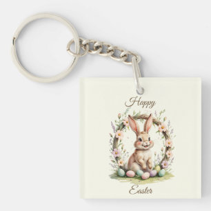 Vintage Happy Easter Bunny with Floral Wreath Keychain
