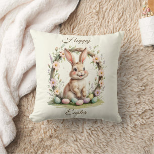 Vintage Happy Easter Bunny with Floral Wreath Throw Pillow