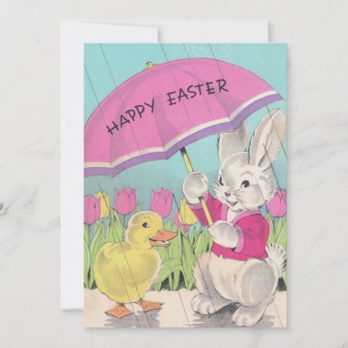 Vintage Happy Easter Chick Bunny Floral Holiday Card