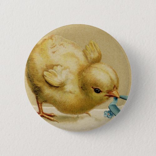 Vintage Happy Easter Chick with Blue Flowers Button