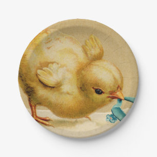 Vintage Happy Easter Chick with Blue Flowers Paper Plates