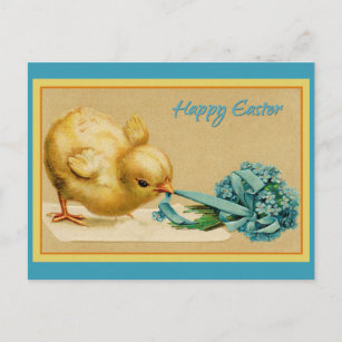 Vintage Happy Easter Chick with Blue Flowers Postcard
