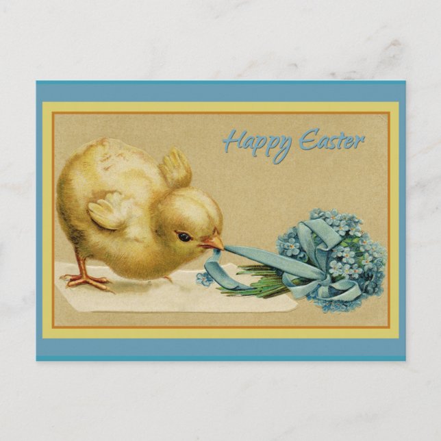 Vintage Happy Easter Chick with Blue Flowers Postcard (Front)