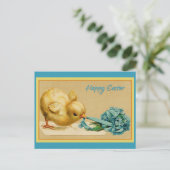 Vintage Happy Easter Chick with Blue Flowers Postcard (Standing Front)