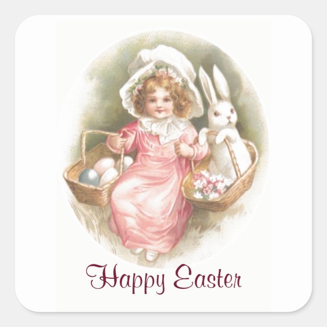Vintage Happy Easter Child Square Sticker (Front)