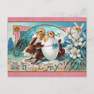 Vintage Happy Easter Cute Rabbit Chicks Egg Postcard