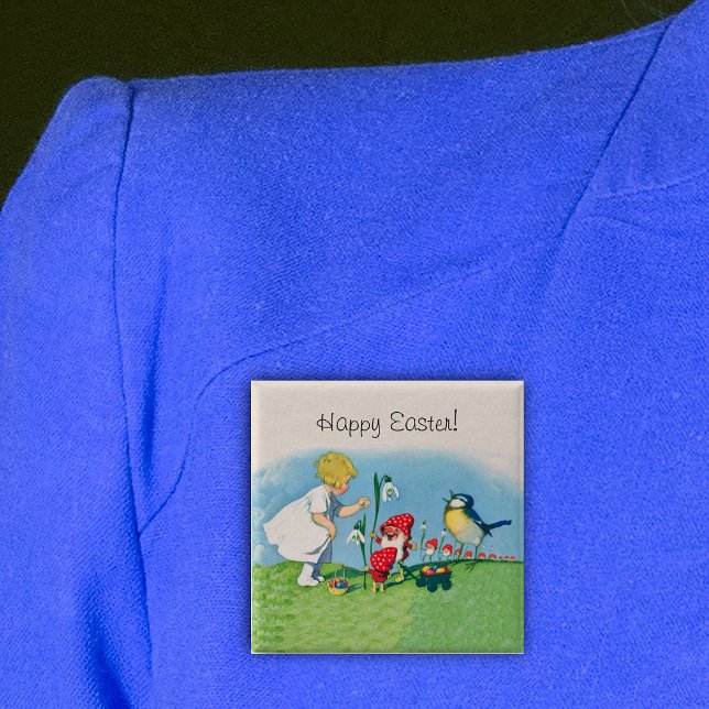 Vintage Happy Easter Elves Eggs Button (Happy Easter Little girl, elves, bird and coloured eggs on pin back button.)