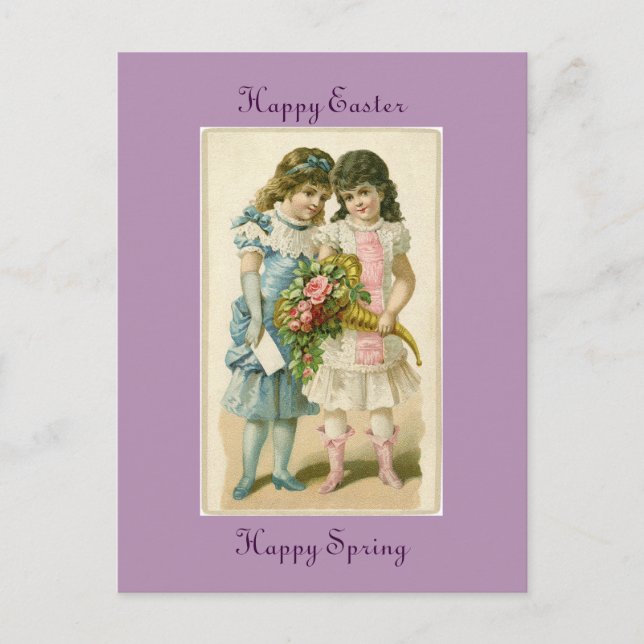 Vintage Happy Easter Girls Holiday Postcard (Front)
