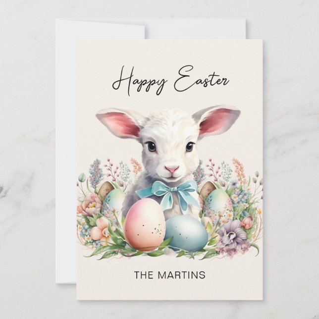 Vintage Happy Easter Lamb Pastel Eggs Holiday Card (Front)